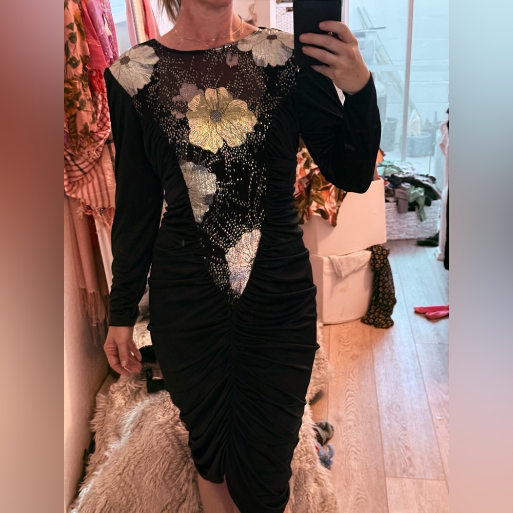 Vintage Black and Silver Sheath Midi Dress